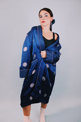 long sleeve navy silk kimono robe with white pattern all over 1940's vintage