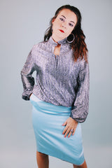 long sleeve silver metallic tunic blouse with mandarin collar and tie neck