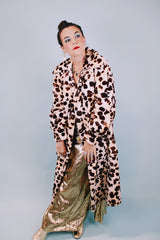 ankle length long sleeve button up faux fur leopard print coat 1970's vintage