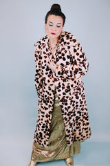 ankle length long sleeve button up faux fur leopard print coat 1970's vintage