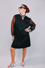 long sleeve mini black party dress with sheer sleeves and silver metallic trim 1960's vintage