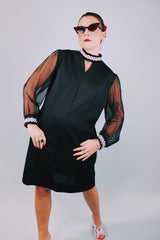 long sleeve mini black party dress with sheer sleeves and silver metallic trim 1960's vintage