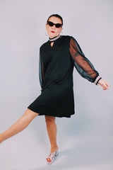 long sleeve mini black party dress with sheer sleeves and silver metallic trim 1960's vintage