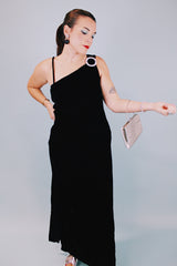 ankle length black velvet form fitting dress sleeveless with one thick strap and one thin strap and rhinestone buckle 1970's vintage