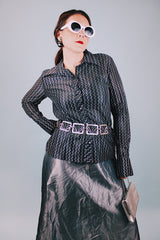 long sleeve button up blouse with collar in black with silver metallic zig zag stripes vintage 1970's