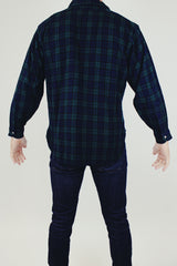  long sleeve navy and green tartan print vintage wool men's pendleton button up shirt
