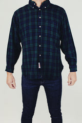 long sleeve navy and green tartan print vintage wool men's pendleton button up shirt