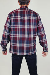 vintage pendleton long sleeve plaid men's wool button up in grey blue and maroon