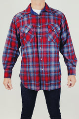 long sleeve men's vintage pendleton wool button up shirt in red blue and grey plaid
