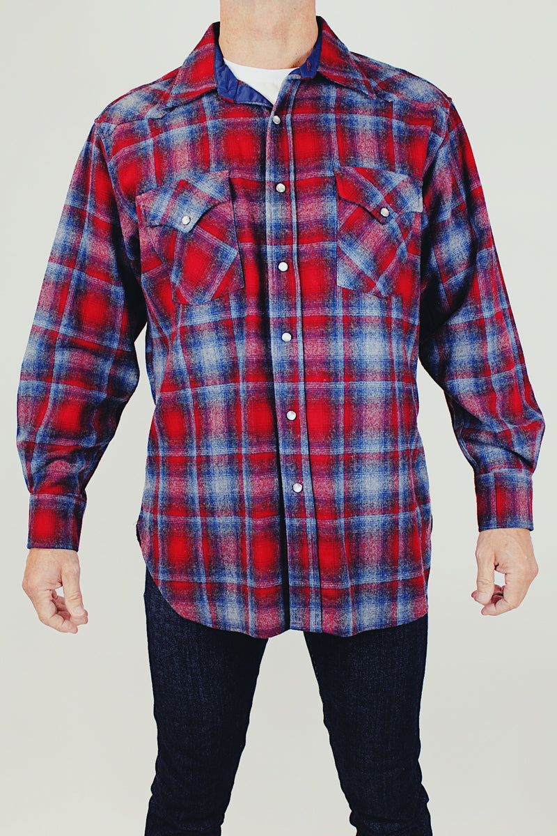 long sleeve men's vintage pendleton wool button up shirt in red blue and grey plaid