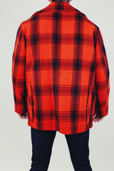 wool vintage hunting jacket in red and black plaid print and zip up front men's