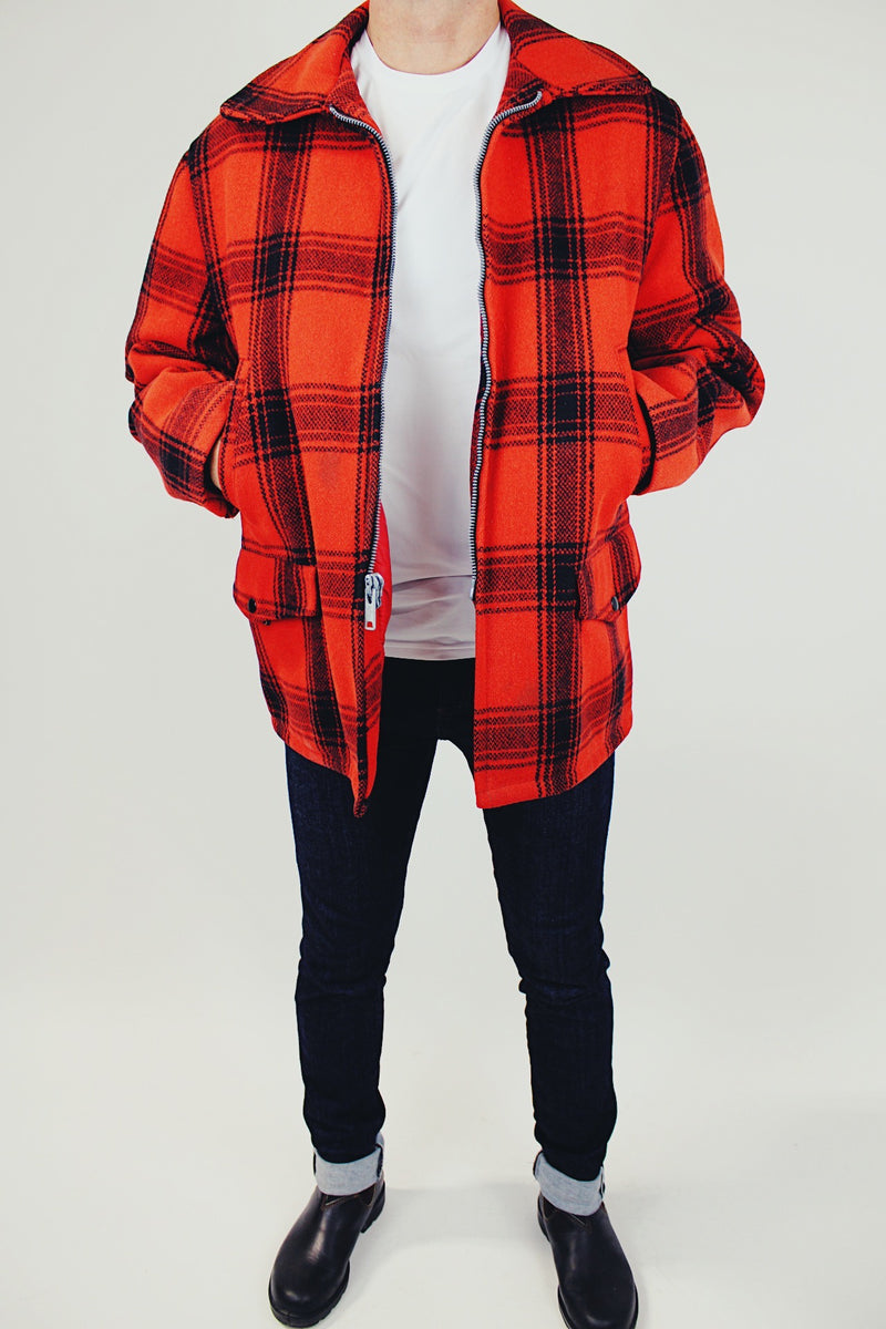 wool vintage hunting jacket in red and black plaid print and zip up front men's