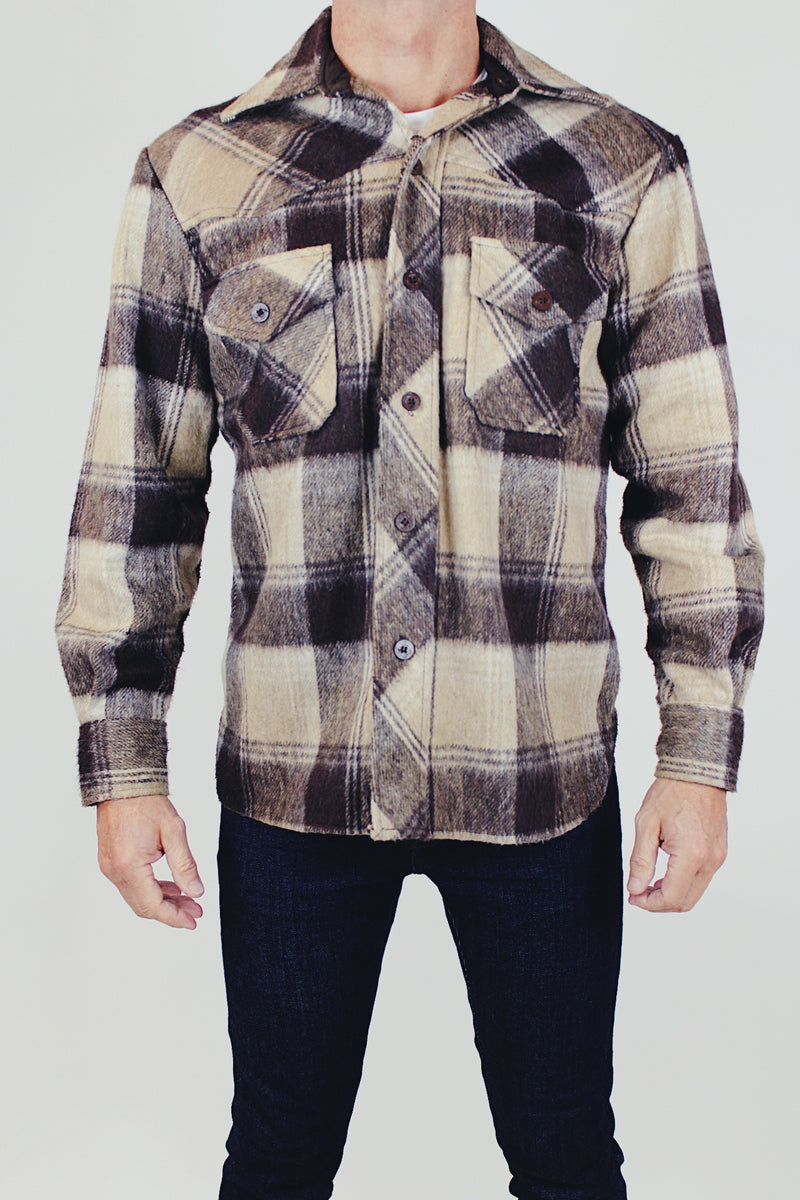 long sleeve men's vintage wool button up shirt in brown and cream plaid with collar