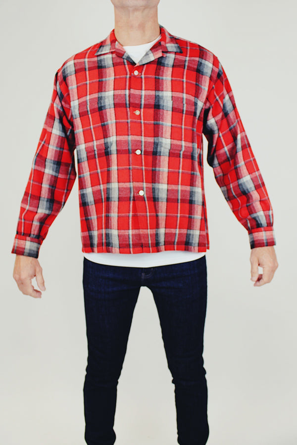 long sleeve wool button up shirt with collar in red and grey plaid men's vintage