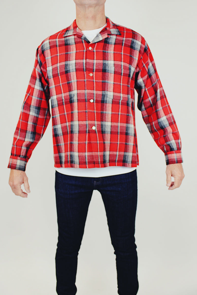 long sleeve wool button up shirt with collar in red and grey plaid men's vintage