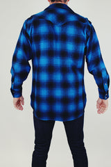 long sleeve vintage men's pendleton wool button up shirt in blue and black plaid