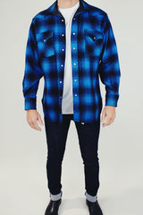 long sleeve vintage men's pendleton wool button up shirt in blue and black plaid