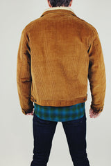vintage men's dark camel colored corduroy cropped jacket with white sherpa lined collar