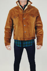 vintage men's dark camel colored corduroy cropped jacket with white sherpa lined collar