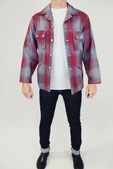 long sleeve men's vintage plaid wool button up jacket in red and grey plaid