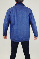vintage wrangler men's blue denim chore jacket with blanket liner buttons up the front with corduroy collar