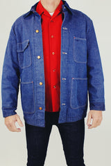 vintage wrangler men's blue denim chore jacket with blanket liner buttons up the front with corduroy collar