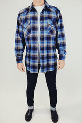 men's vintage long sleeve pendleton wool button up shirt in blue plaid with popper buttons
