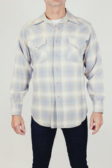 long sleeve vintage men's wool pendleton button up shirt in grey and white plaid print