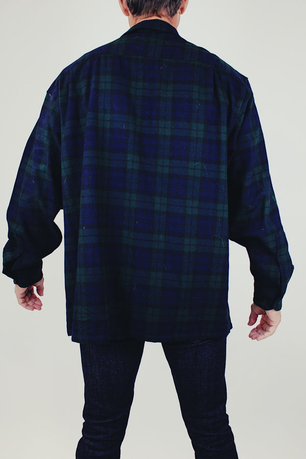 long sleeve men's vintage pendleton wool plaid button up shirt in navy and forest green colors