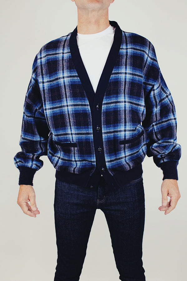 men's vintage long sleeve pendleton wool plaid print button up cardigan in blue plaid