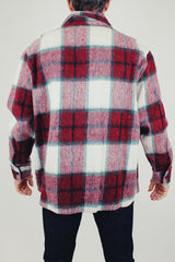 men's vintage long sleeve wool button up jacket with collar and chest pockets in red and white plaid print