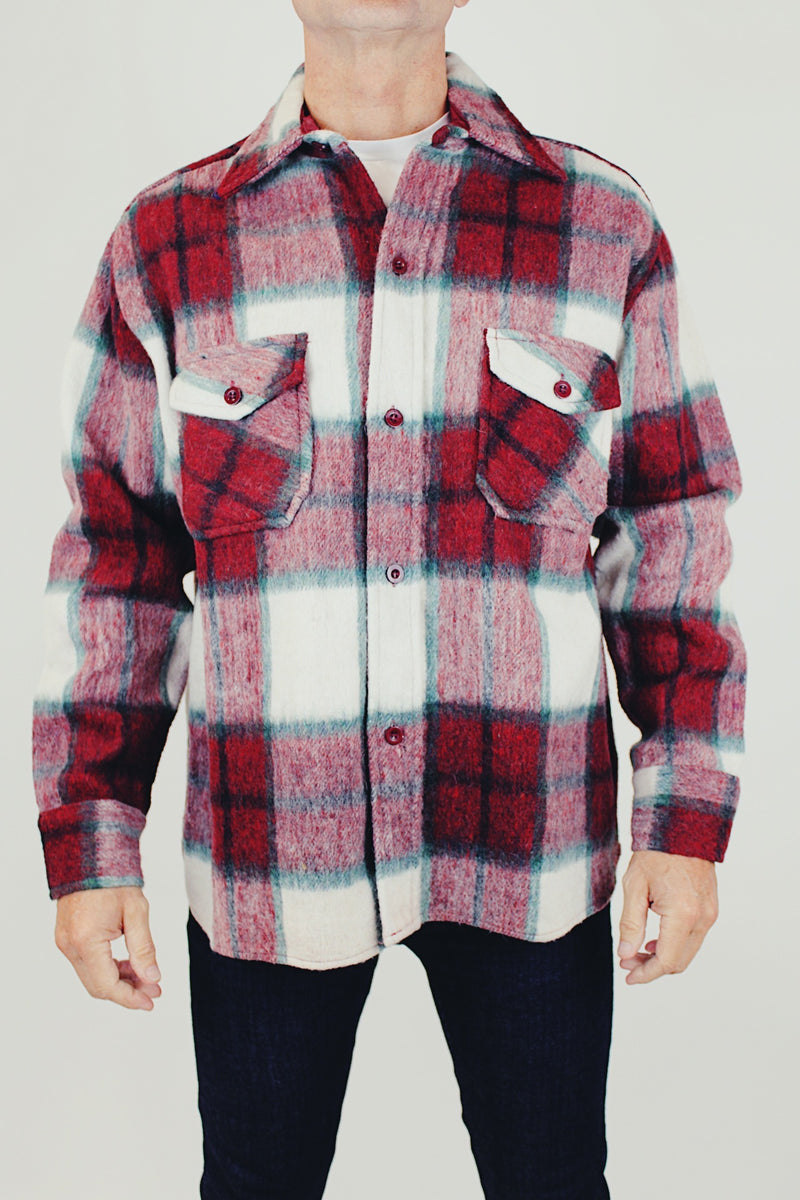 men's vintage long sleeve wool button up jacket with collar and chest pockets in red and white plaid print