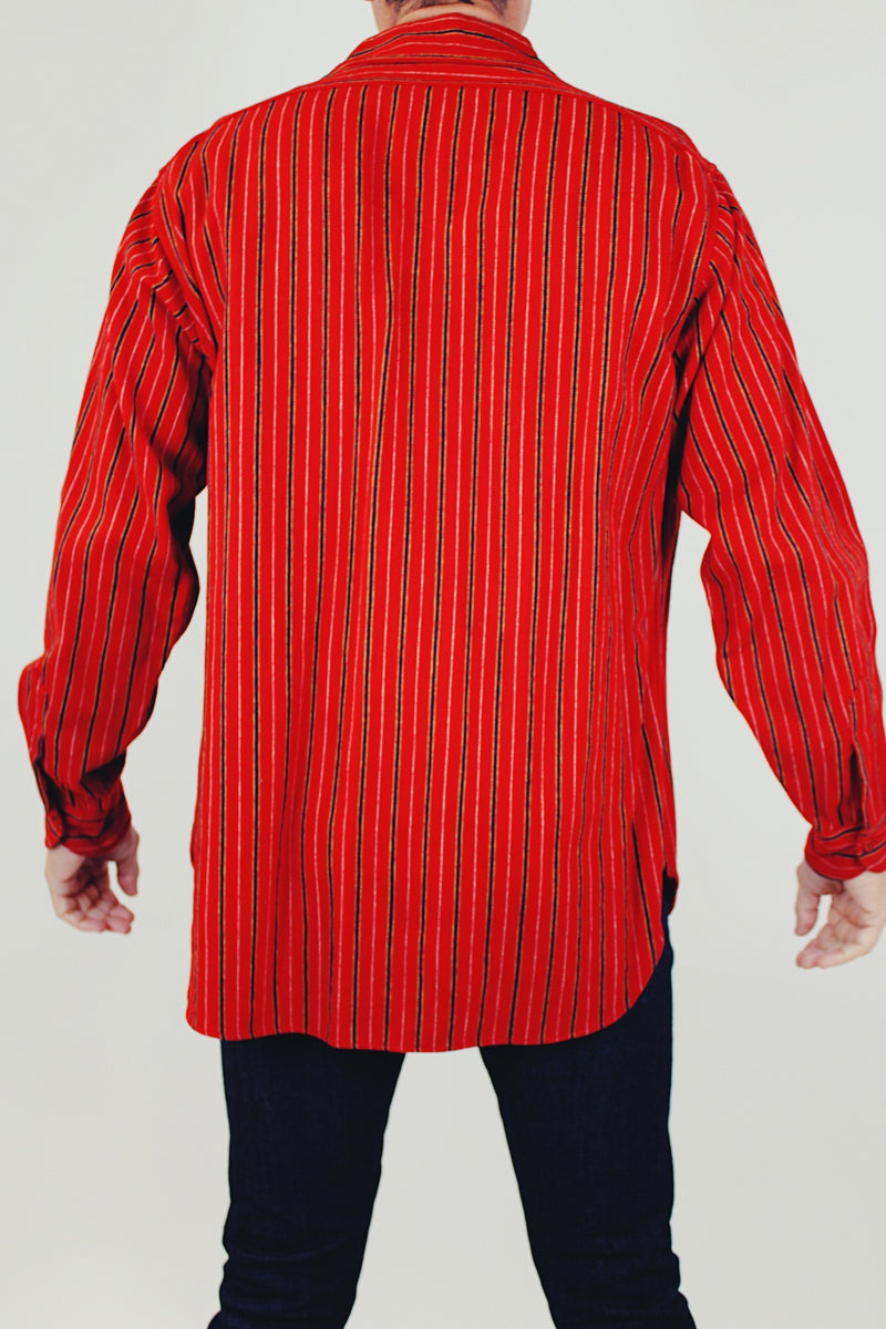 men's vintage wool pendleton long sleeve button up shirt in red with small black and yellow stripes with collar