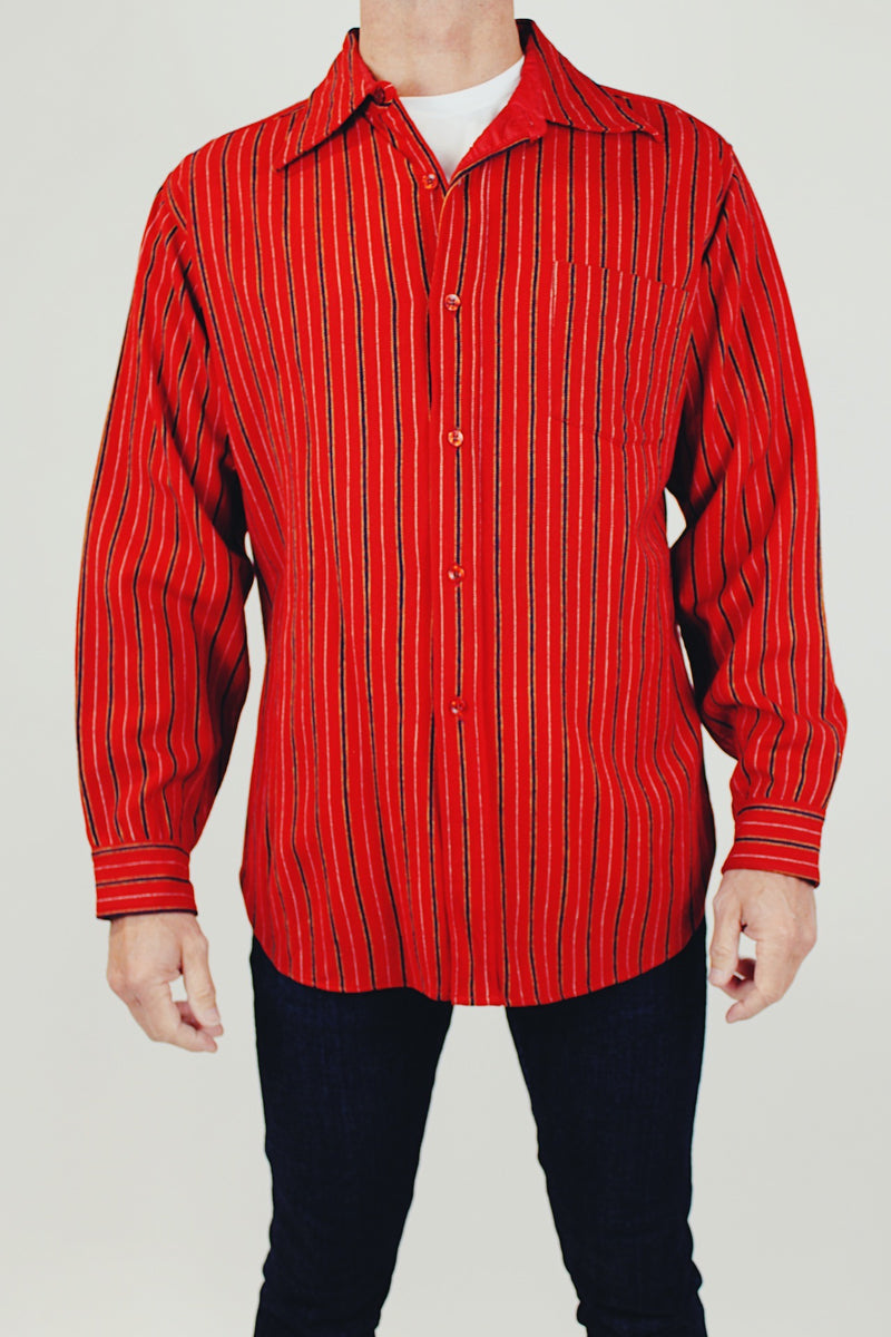 men's vintage wool pendleton long sleeve button up shirt in red with small black and yellow stripes with collar