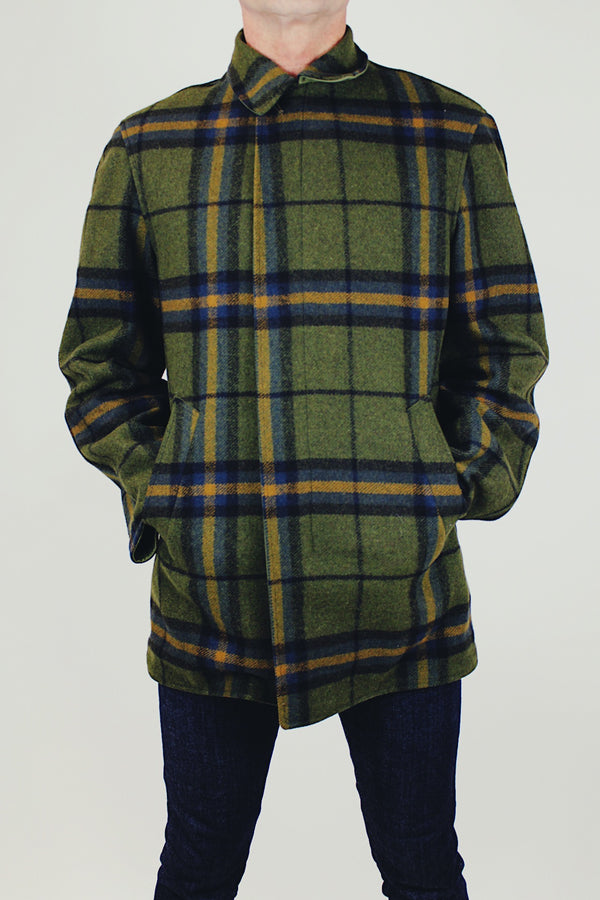 vintage men's wool pendleton long reversible coat one side is solid army green one side is green plaid print