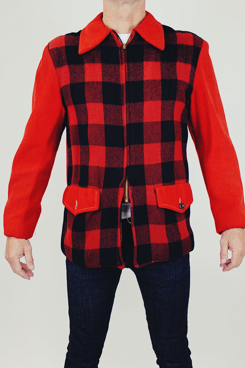 vintage men's buffalo plaid wool zip up jacket in red and black with pockets and collar 1950's
