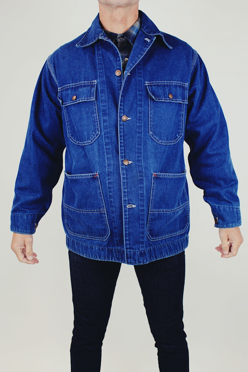 long sleeve men's vintage big mac denim chore jacket with brass buttons and four pockets and collar