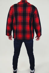 long sleeve men's wool plaid button up jacket in red and black plaid with collar and pockets