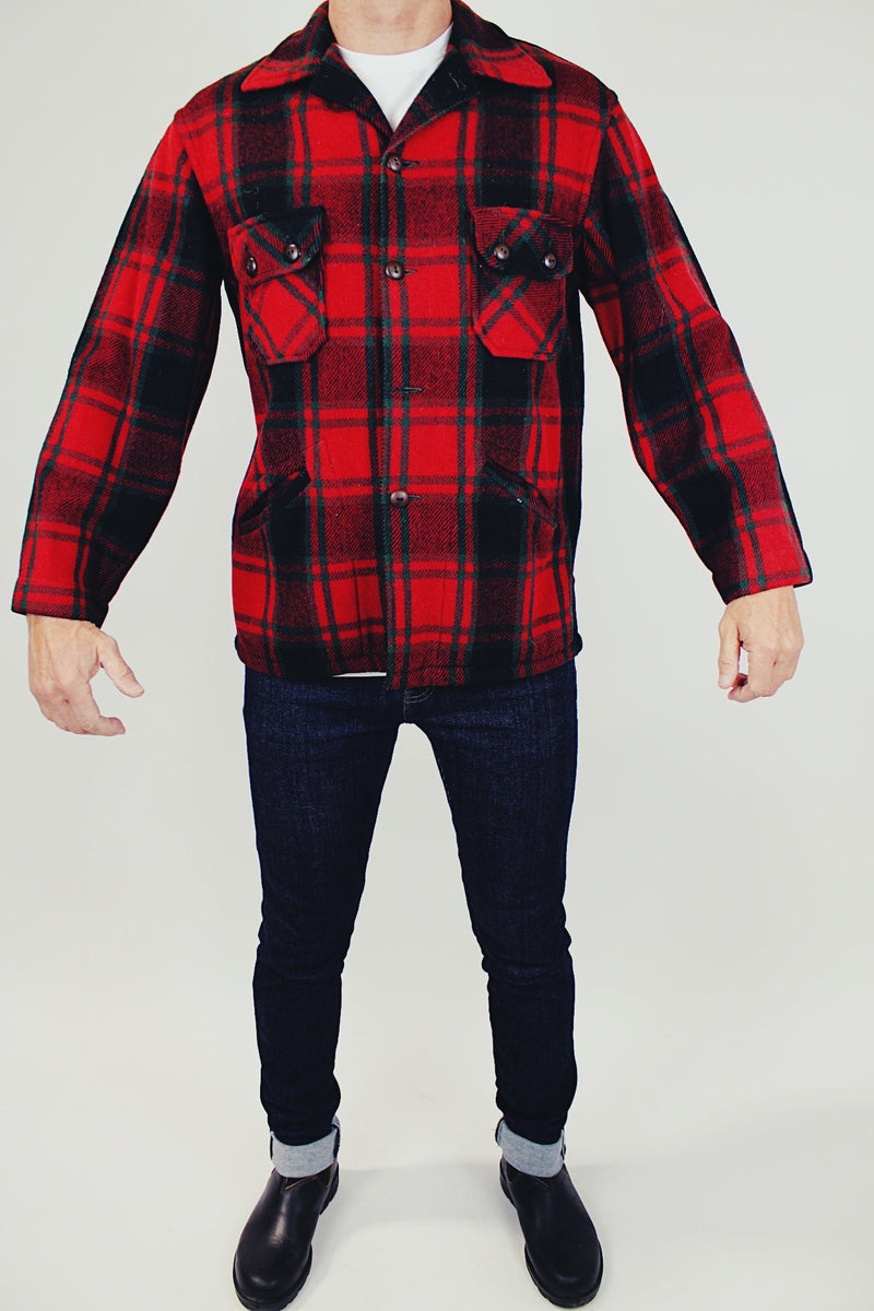 long sleeve men's wool plaid button up jacket in red and black plaid with collar and pockets