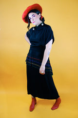 short sleeve midi length black dress with multi colored piping vintage 1980's