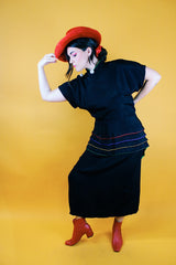 short sleeve midi length black dress with multi colored piping vintage 1980's