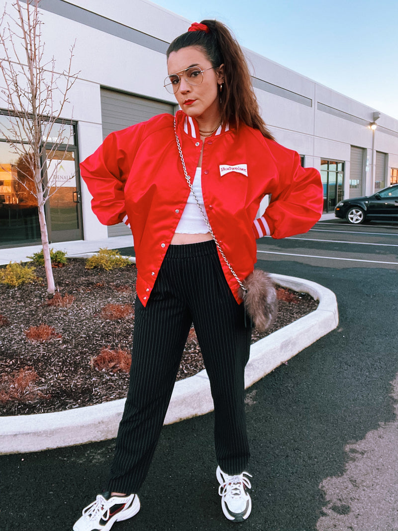 long sleeve red stain bomber jacket with  Budweiser logo on chest and on the back vintage 
