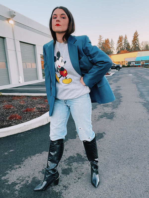 long sleeve heathered grey pullover crew neck sweater with mickey mouse graphic on the front vintage 