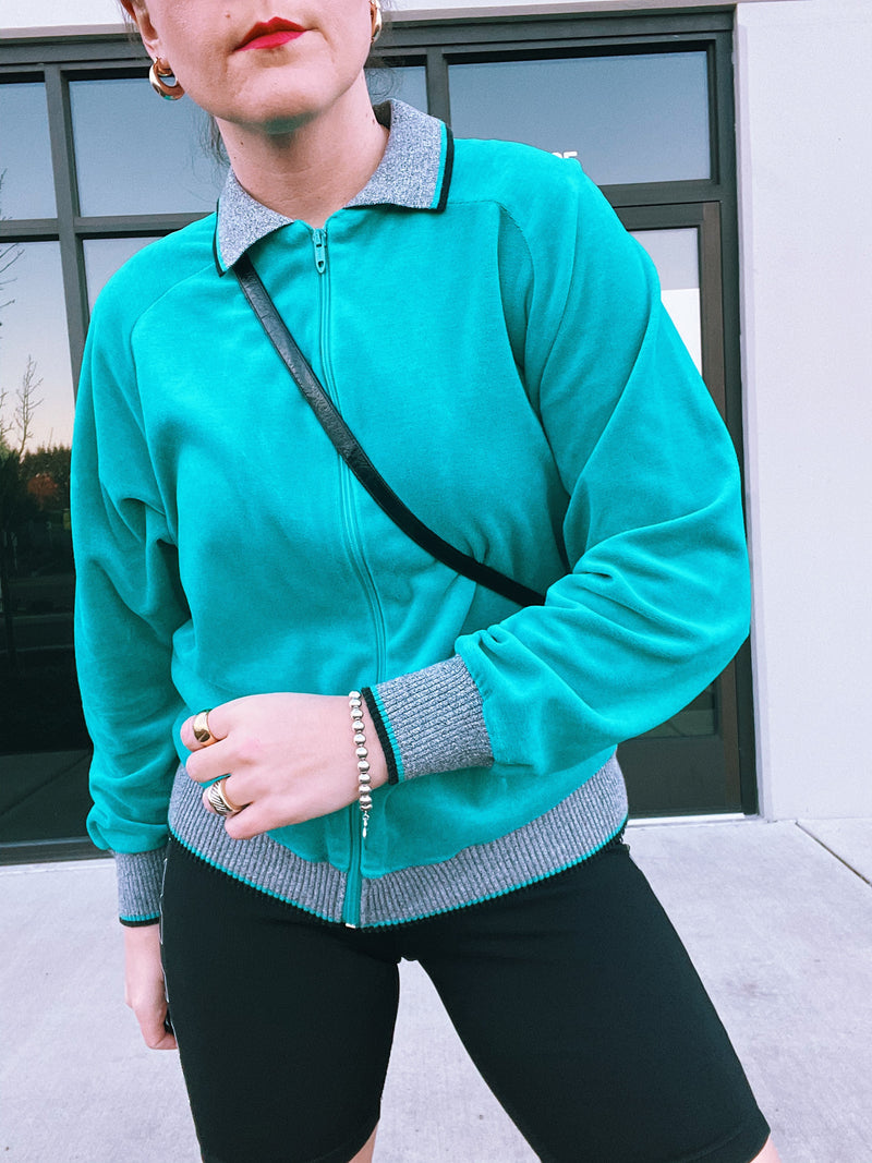 long sleeve turquoise zip up velour track jacket sweater vintage 1980's