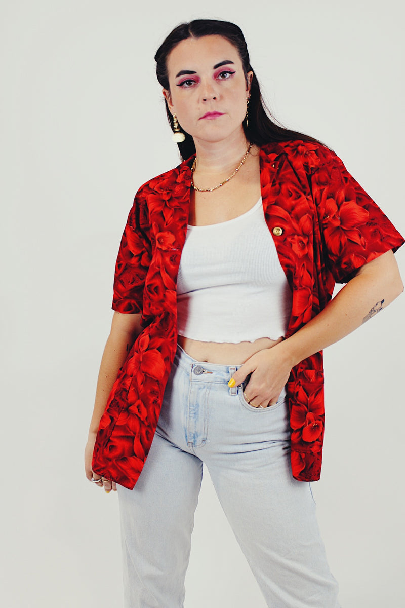 vintage red Hawaiian print button up open front