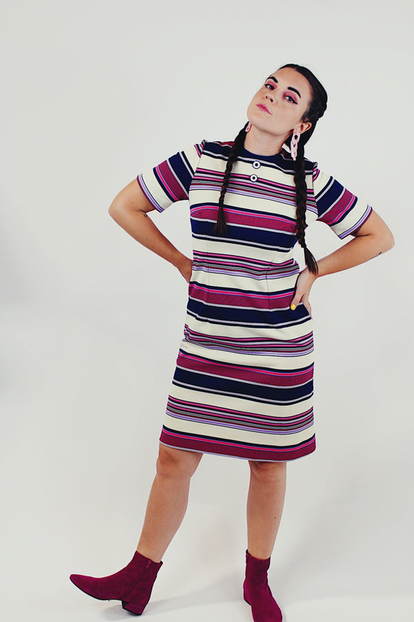 vintage striped short sleeved mini dress front