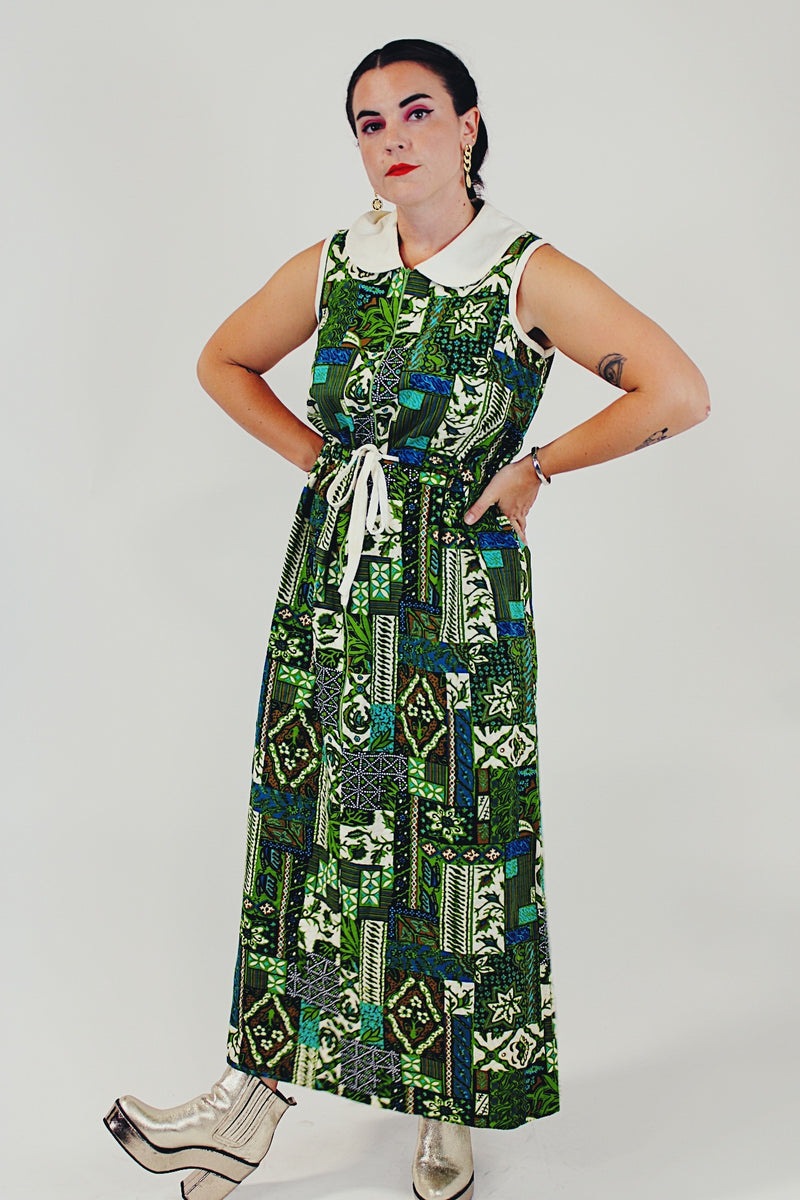 vintage green printed dress front