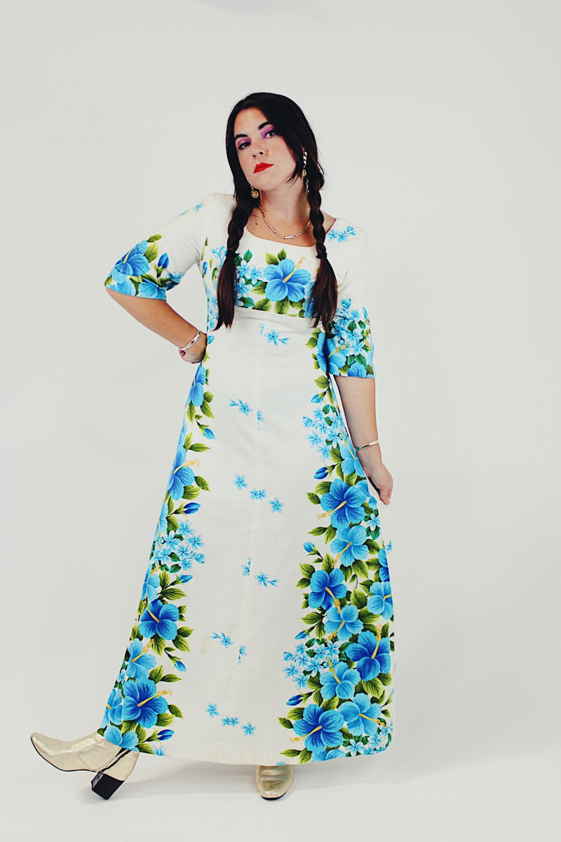 White blue floral Hawaiian print dress front