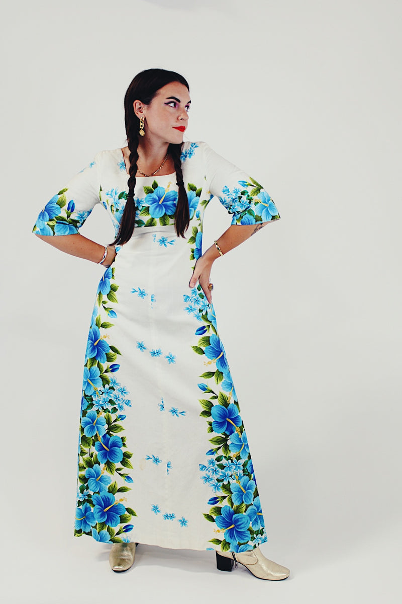 White blue floral Hawaiian print dress
