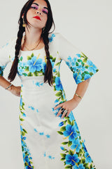 White blue floral Hawaiian print dress closeup